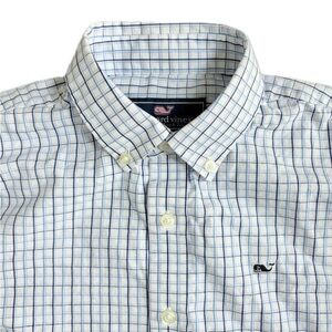 Vineyard Vines Button Down Plaid Whale Shirt Long Sleeve Blue Boys M (12-14)